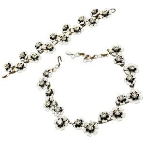 Vintage White Enamel Flower Rhinestone Necklace and Bracelet Set Black‎